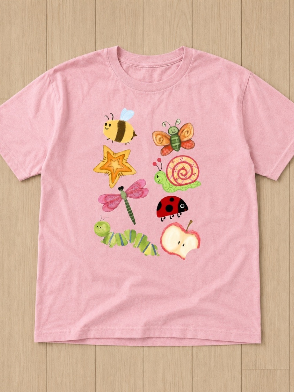 Pink Graphic Tee with Cute Bug & Fruit Motifs Size M